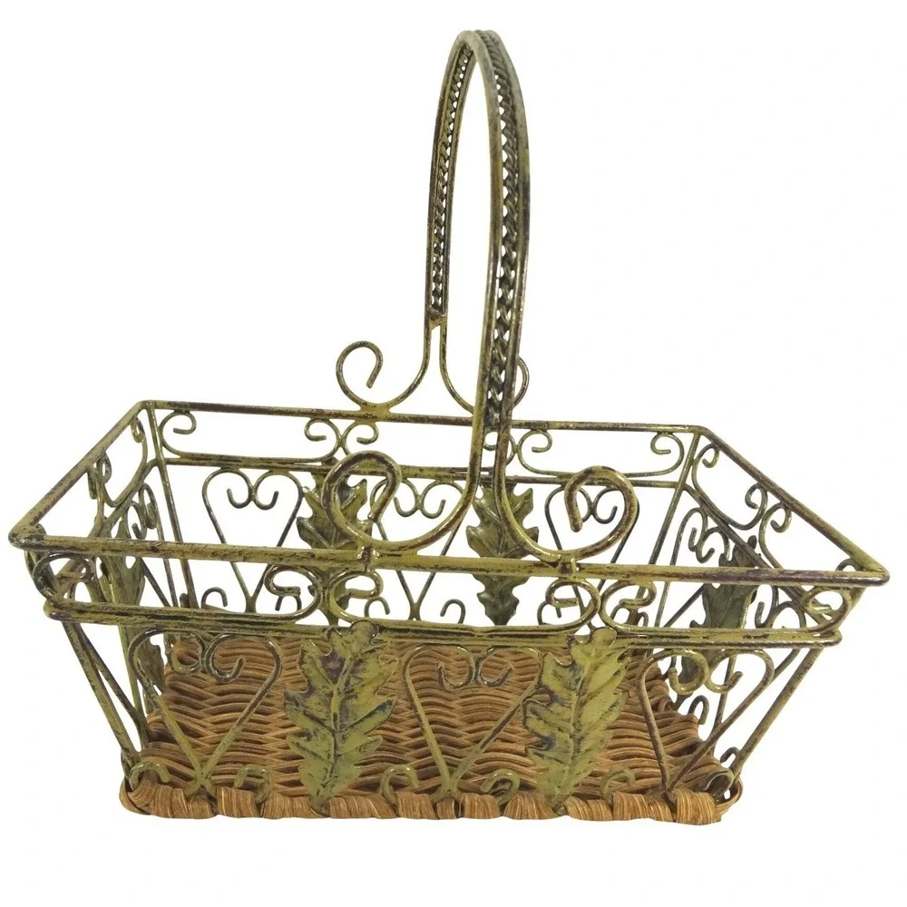 Vintage Style Green Metal Wire Basket‎ with Woven Wicker Base Leaf Scroll